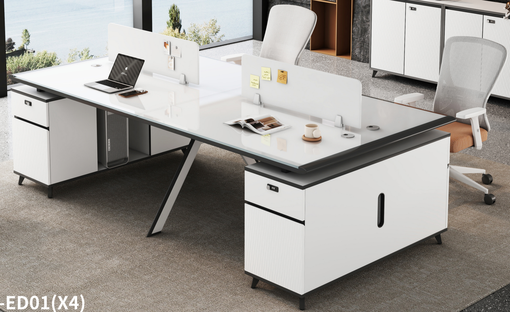 WORKSTATION DE 4/P MODELO PETER DE CRISTAL BLANCO CON GRIS(240*120*75CM)